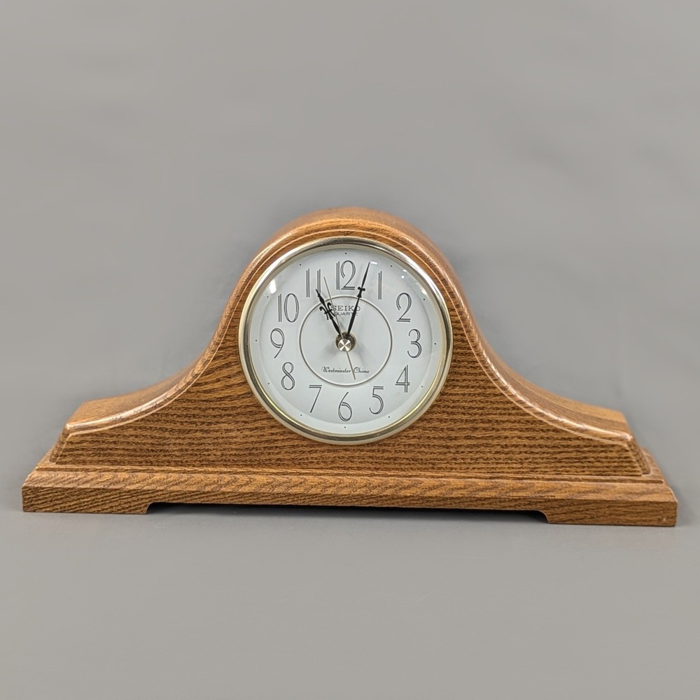 Seiko Quartz Westminster Chime Mantel Clock Wood Tambour Case QXJ201BLH